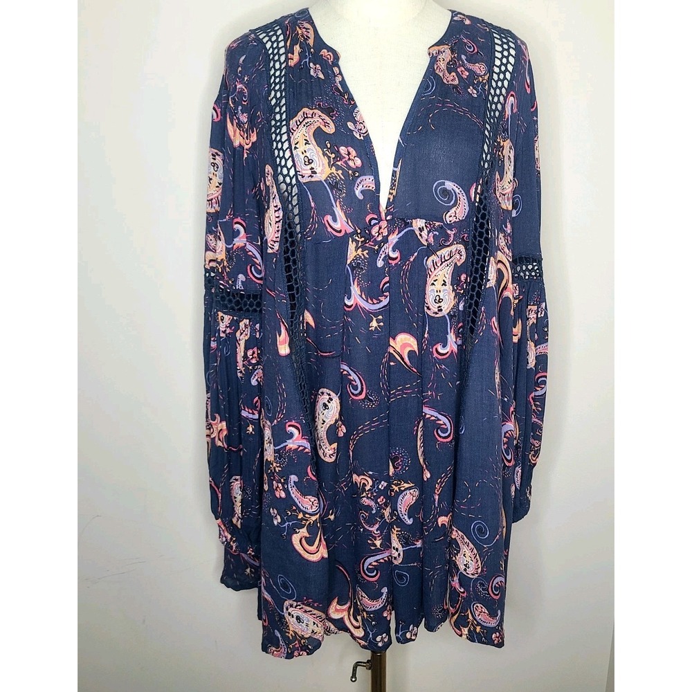 Free People Women's Blue‎ Boho Just the Two of Us Paisley Mini Dress Tunic Sz M